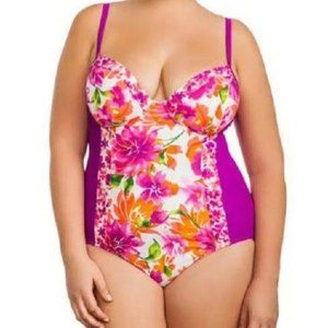 NWOT! CATALINA Plus Magenta Floral Plunging V-Neck One Piece Bra Swimsuit 1X